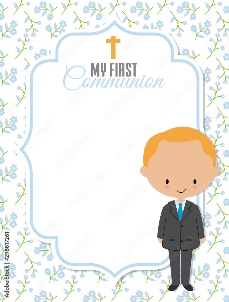 My first communion card. Boy with frame with space for text My first communion card. Boy with frame with space for text