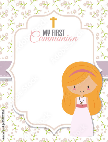 My first communion card. Girl with frame with space for text
