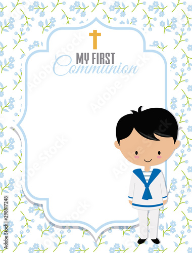 My first communion card. Boy with frame with space for text