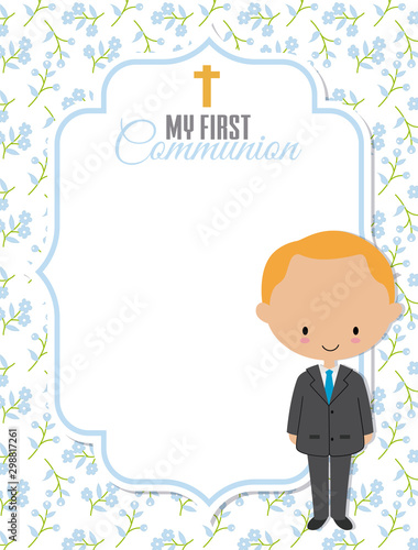 My first communion card. Boy with frame with space for text