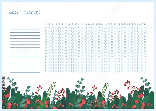Habit tracker for month flat vector template. Winter leaves themed blank, personal organizer with decorative frame. Traditional Christmas symbolic tree leaves, berries, bouquet  illustration 