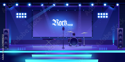Stage with rock music instruments, equipment and illumination, empty scene interior with drums, synthesizer, microphone, dynamics searchlights and screen for presentation. Cartoon vector illustration