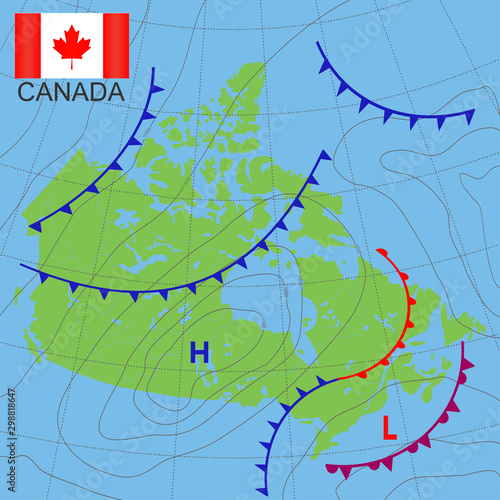 Canada. Realistic synoptic map of the Canada showing isobars and weather fronts. Meteorological forecast. Map country with national flag. Vector illustration. EPS 10