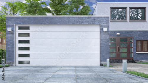 Canvastavla Garage entrance with sectional doors. 3d illustration