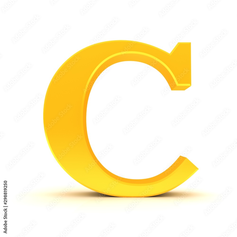 golden letter C 3d sign alphabet character text gold capital font isolated on white background golden letter C 3d sign alphabet character text gold capital font isolated on white background