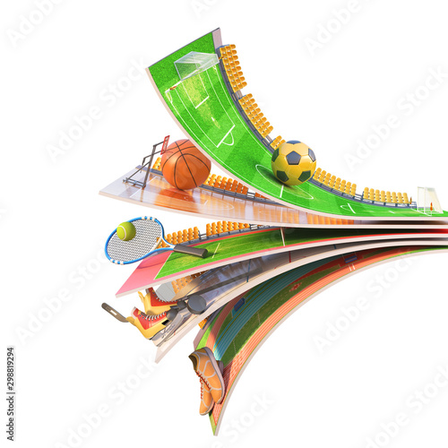 Fototapeta Naklejka Na Ścianę i Meble -  Sport concept. Different sports fields on a piece of ground with sport equipment. 3d illustration