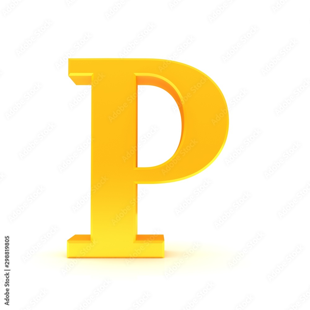 golden letter P 3d sign alphabet character text gold capital font isolated on white background