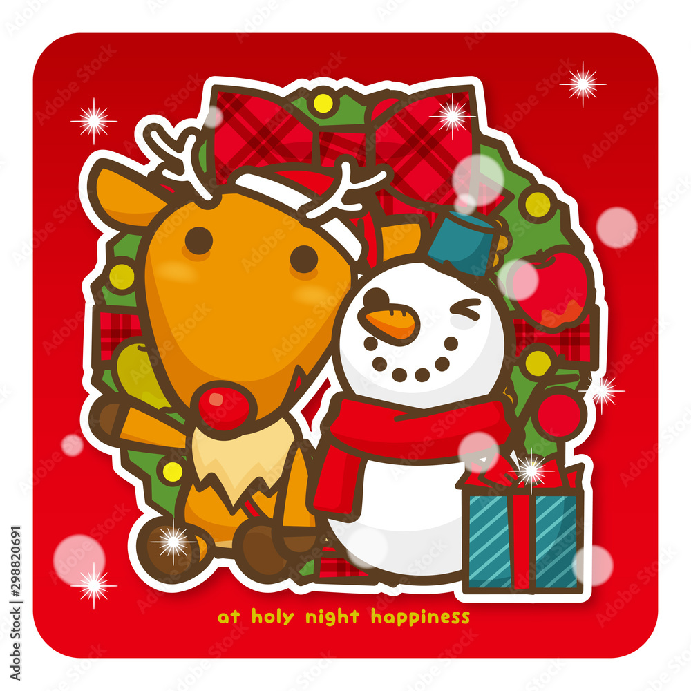 Fototapeta premium はっぴークリスマス トナカイさんと雪だるまさん（赤）