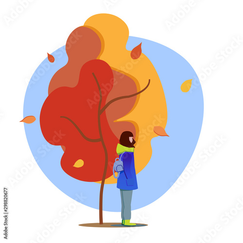 Beautiful girl in cozy coat near autumn tree with falling leaves and blue sky. Vector illustration isolated on white for greeting cards, banners, advertisement.
