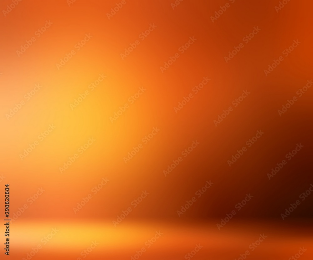 Orange yellow empty room. Hot smooth wall and floor. Blurred texture. 3D illustration. Abstract interior.