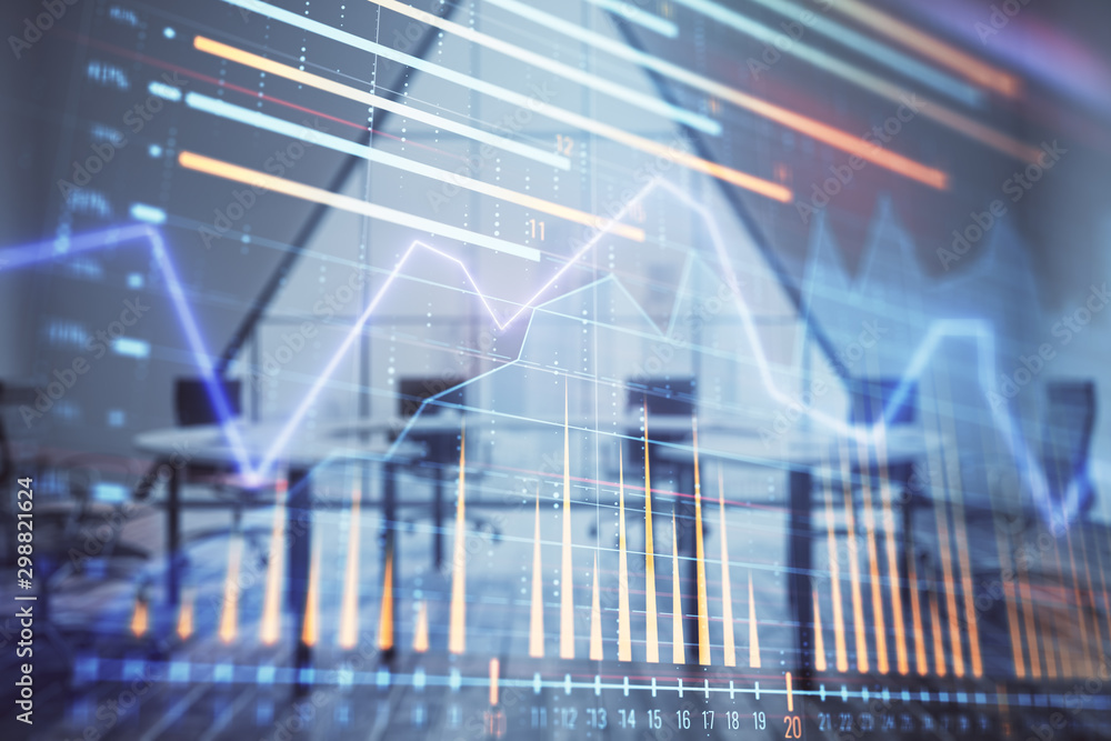 Double exposure of forex chart on conference room background. Concept of stock market analysis