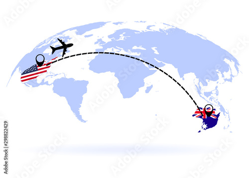 Flight from USA to Australia above world map. Airplane arrives to Australia. The world map. Airplane line path. Vector illustration. EPS 10