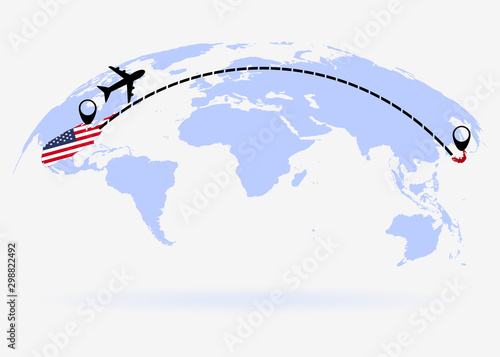Flight from USA to Japan above world map. Airplane arrives to Japan. The world map. Airplane line path. Vector illustration. EPS 10