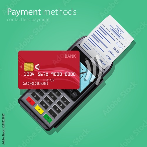 Contactless Payment Methods wireless POS Terminal and bank red credit card realistic style icons. Design concept of process contact less payments