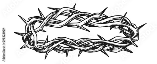 Crown Of Thorns Religious Symbol Retro Vector. Barbed Crown Bethlehem Jerusalem Holy Land Element. Religion Engraving Concept Template Hand Drawn In Retro Style Black And White Illustration