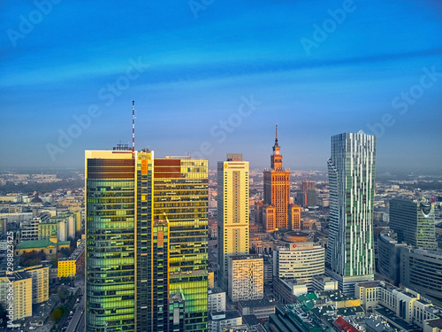 Beautiful panoramic aerial drone view to panorama cityscape of Warsaw modern City  PKiN and  Rondo 1  office skyscraper located at Rondo ONZ