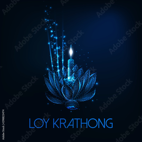 Loy Krathong tai festival poster with floating glowing low poly lotus flower, candle and aroma stick