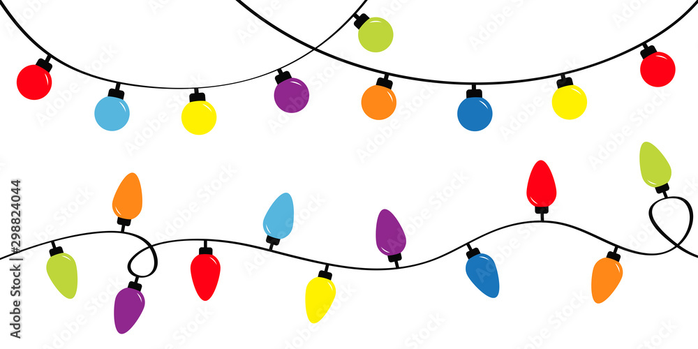Christmas lights. Holiday festive xmas decoration. Colorful string fairy light set. Lightbulb glowing garland. Rainbow color. Flat design. White background. Isolated.