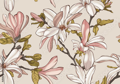 Seamless pattern with magnolia flowers.