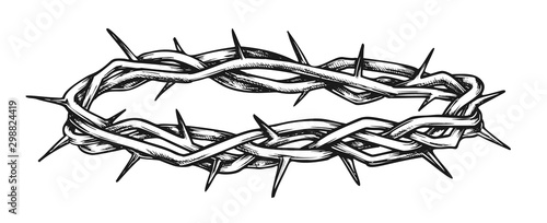 Crown Of Thorns Religious Symbol Monochrome Vector. Crown For Suffering Of Jesus Christ Head On Crucifixion. Religion Element Engraving Concept Layout In Retro Style Black And White Illustration