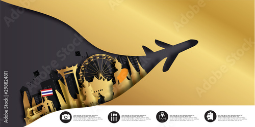 Thailand Travel postcard panorama, poster, tour advertising of world famous landmarks in paper cut style.