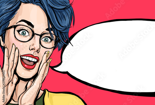 Attractive young sexy woman is announcing, telling a secret, shouting or yelling. Advertising poster of comic lady saying Hey or Wow photo