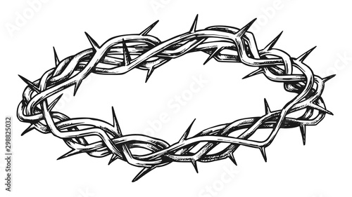 Crown Of Thorns Religious Symbol Hand Drawn Vector. Crucifixion Crown With Spikes. Christianity And Suffering Element Engraving Concept Layout In Retro Style Black And White Illustration