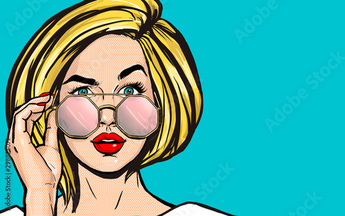 Surprised Pop Art Woman in glasses. Thinking blonde young sexy girl with open mouth. Expressive facial expressions. Wow face. Emotions and advertisement. 