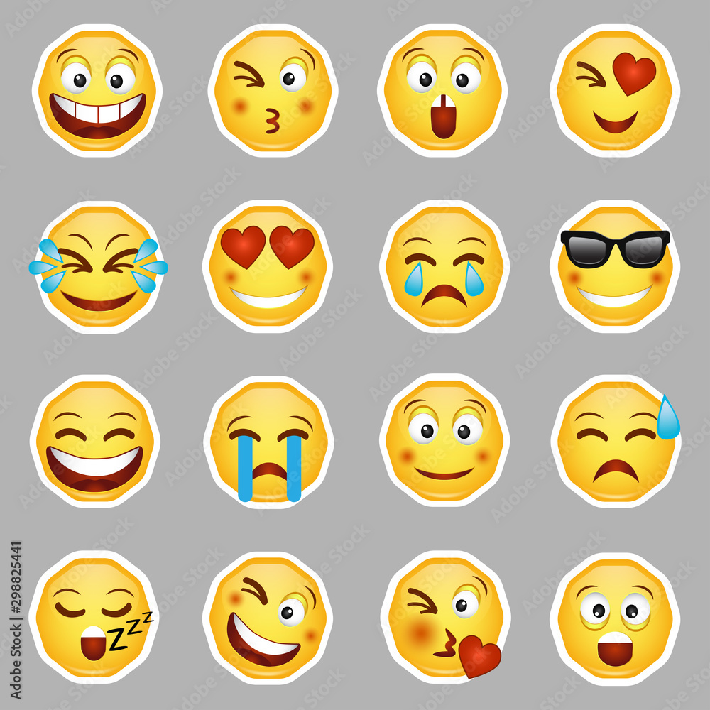 Fototapeta premium Collection stickers smile emoticons. Set of Emoji badge.isolated on grey background. Vector illustration. EPS 10