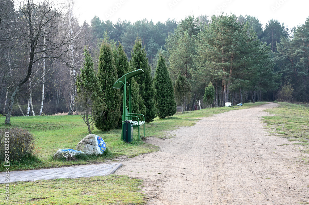 Fototapeta premium Photo of the river, water pier. Autumn park on the shore. Image of nature, forest, landscape.