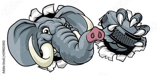 Photography An elephant ice hockey player animal sports mascot holding a puck