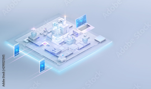Isometric internet website interface background design. Web development, software programming strategy business, media, big data analysis, blockchain, management, consulting concept, ai technology. 3D