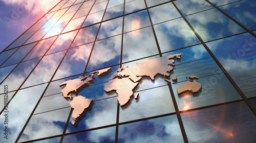 Φωτογραφία World Map sign on glass skyscraper with mirrored sky illustration
