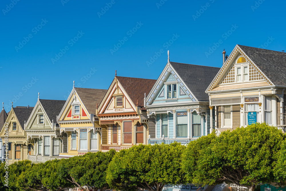 Classic view of famous Painted Ladies in San Francisco