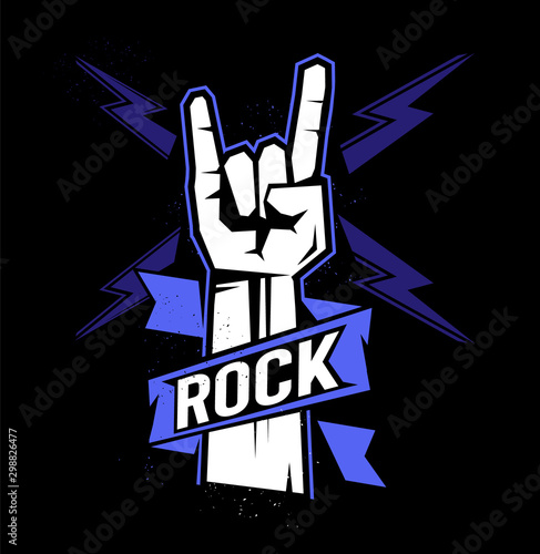Rock sign gesture with lightning for your design - logo, illustration on a dark background