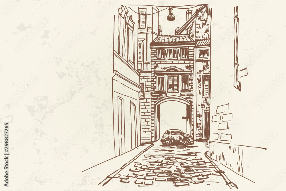 Vector sketch of street scene in Rome, Italy.