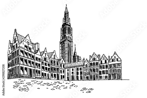 Vector sketch of  Grote Markt square in Antwerpen, Belgium.