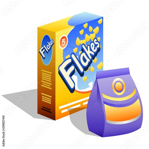 Cereals Flakes box and packet icon for breakfast. Symbol of product category packets and cereals  in supermarket,  fast food, semi-finished products isolated on white background.