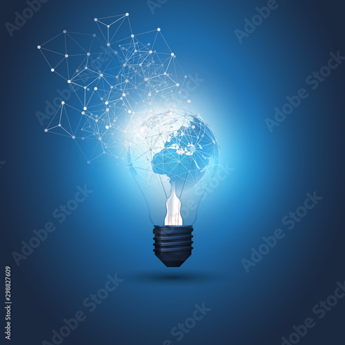 Abstract Cloud Computing, Electric and Global Network Connections Concept Design with Earth Globe Inside a Glowing Light Bulb and Transparent Geometric Mesh - Illustration in Editable Vector Format
