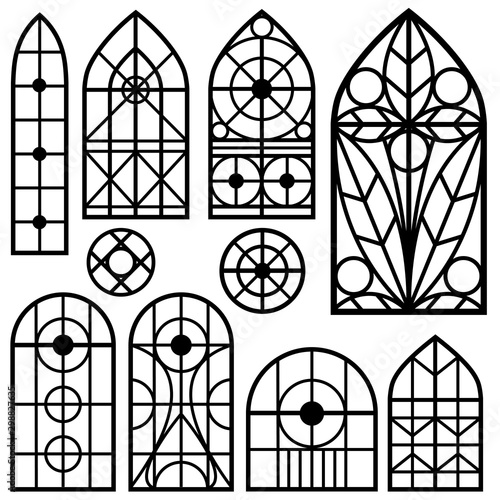 A set of vintage windows of different shapes. The elements of historical buildings for design photo