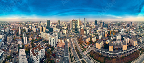Beautiful panoramic aerial drone view to panorama cityscape of Warsaw modern City, PKiN and 