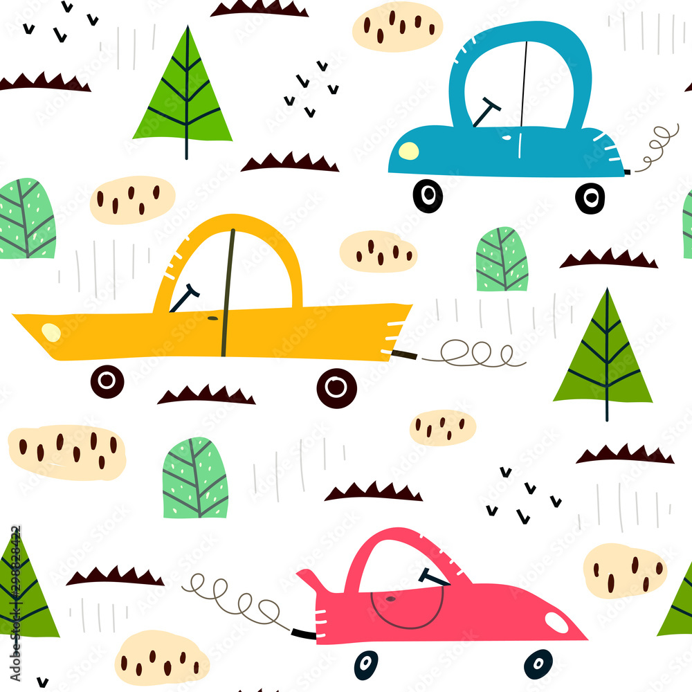 Seamless pattern with cartoon cars, trees, decor elements. Vector flat style for kids. hand drawing. baby design for fabric, textile, print, wrapper