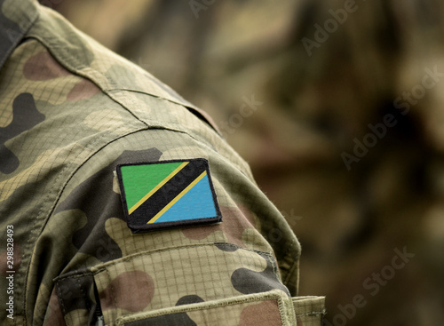 Flag of Tanzania on military uniform. Army, troops, soldiers. Collage.