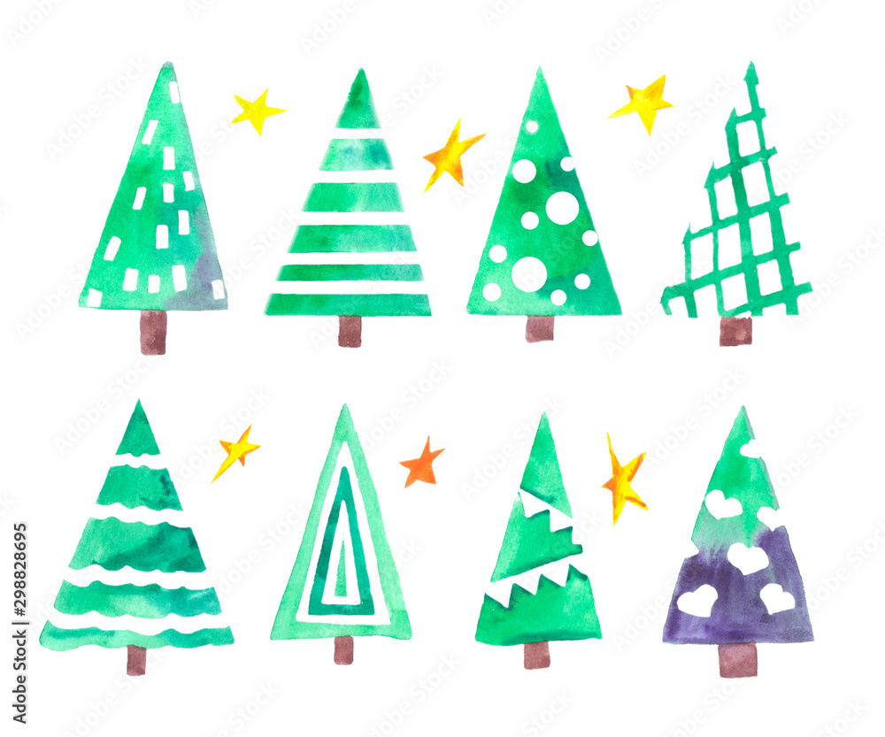 Set of christmas trees and stars hand-drawn watercolor on a white background Set of christmas trees and stars hand-drawn watercolor on a white background