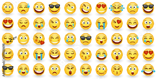Set cartoon style icons smile emoticons isolated on white background. Stickers smile characters and emojis. Collection of emoticon badge, signs and symbols used in social media chats. EPS 10.