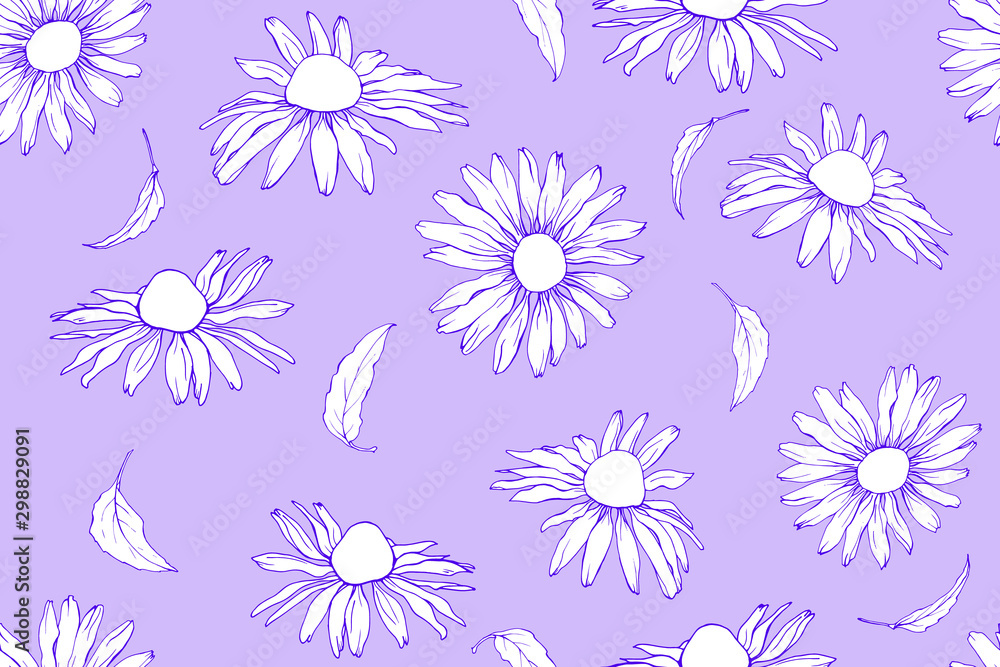 Floral seamless pattern with cute white flowers Echinacea Purpurea on violet background. For textile, wallpapers, print, wrapping paper, greeting. Vector illustration.