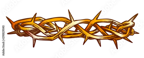 Crown Of Thorns Jesus Christ Side View Ink Vector. Crown Is Crafted In Israel As Reminder Of Sufferings Of Christ To Put Away Sin. Engraving Template Designed In Retro Style Color Illustration