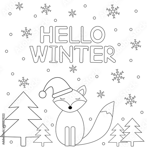 Hello winter. Card with snowflakes and fox. Coloring page.