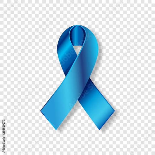Vector Realistic Blue ribbon to Prostate Cancer Awareness Month, October. Silk bright medical banner, 3d tape preventing the male prostate disease. Colon cancer treatment. Transparent border.