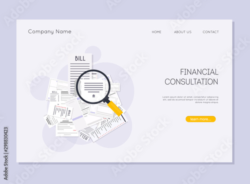 Financial consultation. Magnifying glass like check assess.  Paying bills.